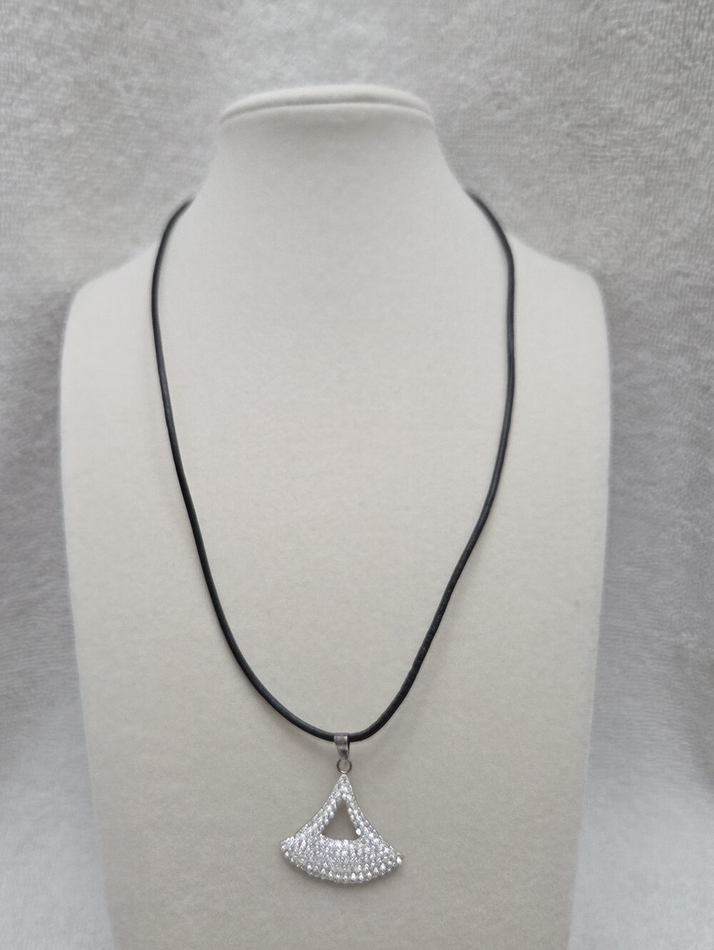 Pave Austrian Crystal Open Fan Shaped Pendant on Black Leather Cord Necklace